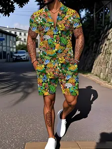 Men's Hawaiian Aloha Totem Print Short Sleeve Set, Summer Beach Vacation Shirt Shorts Two-Piece Set, Trendy Men's Clothing