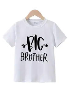 Boys White Short Sleeve T-Shirt, Big Brother Handwritten Arrow Promoted Sibling Kids Cotton Tee