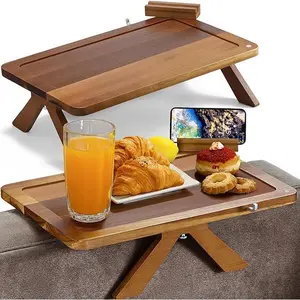 Solid Acacia Wood Couch Arm Tray Table - Mounts Easily, Fits Up to 8.8in Wide, 3-in-1 Adjustable Design with 360° Rotatable Holder, Wire Holder, Non-Slip Mat - Ideal for Snacks, Coffee - Home Organizer Storage Rack