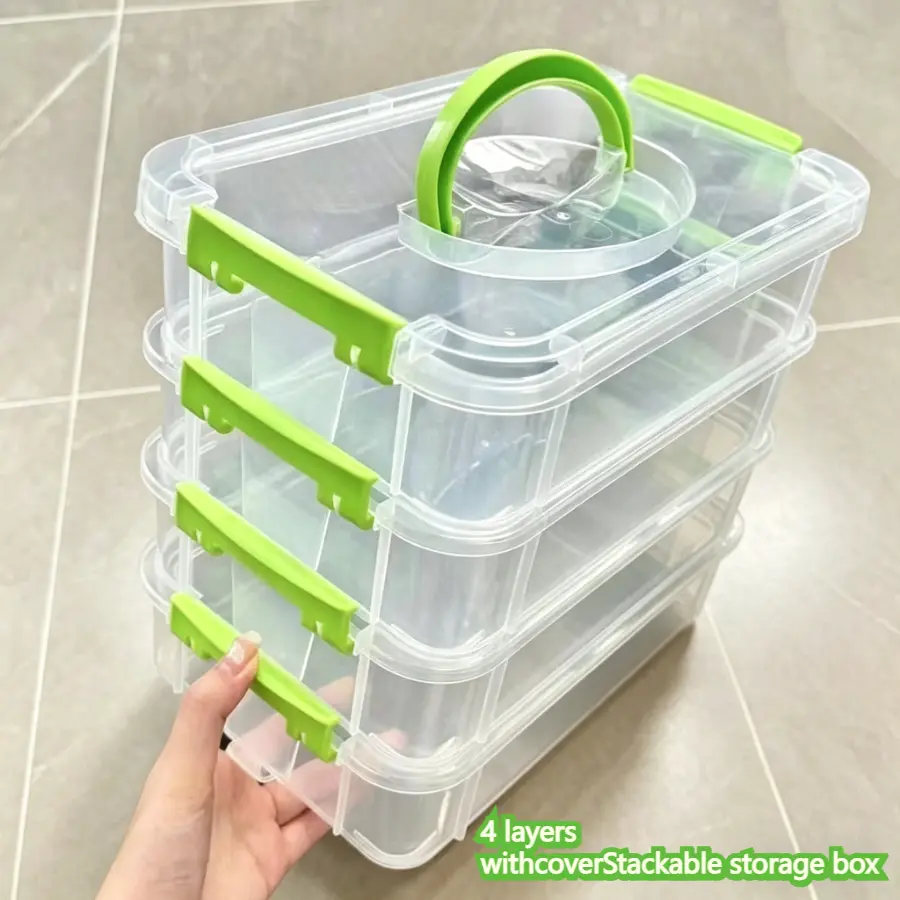 4-Tier Stackable large capacity transparent plastic storage box cover and handle, separate drawer suitable for building blocks, hair accessories, jewelry, stationery, toys - home office, easy to store