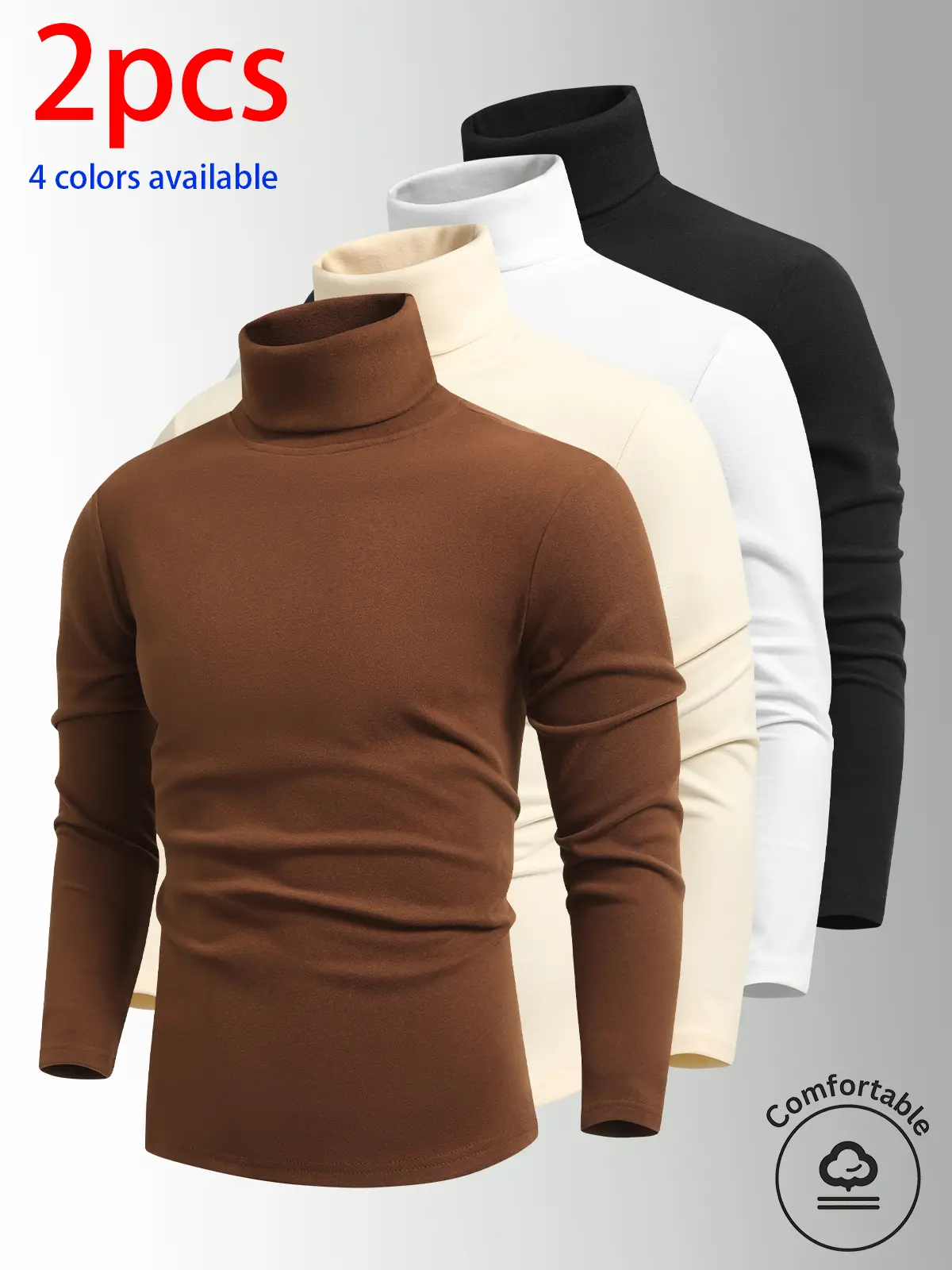 2-pack men’s high-neck long-sleeve tops: men’s terry high-neck base layer shirt, stretchy fabric that isn’t tight, solid-color long-sleeve layering top—basic style. High-neck design provides wind protection and temperature retention. Suitable for commutin