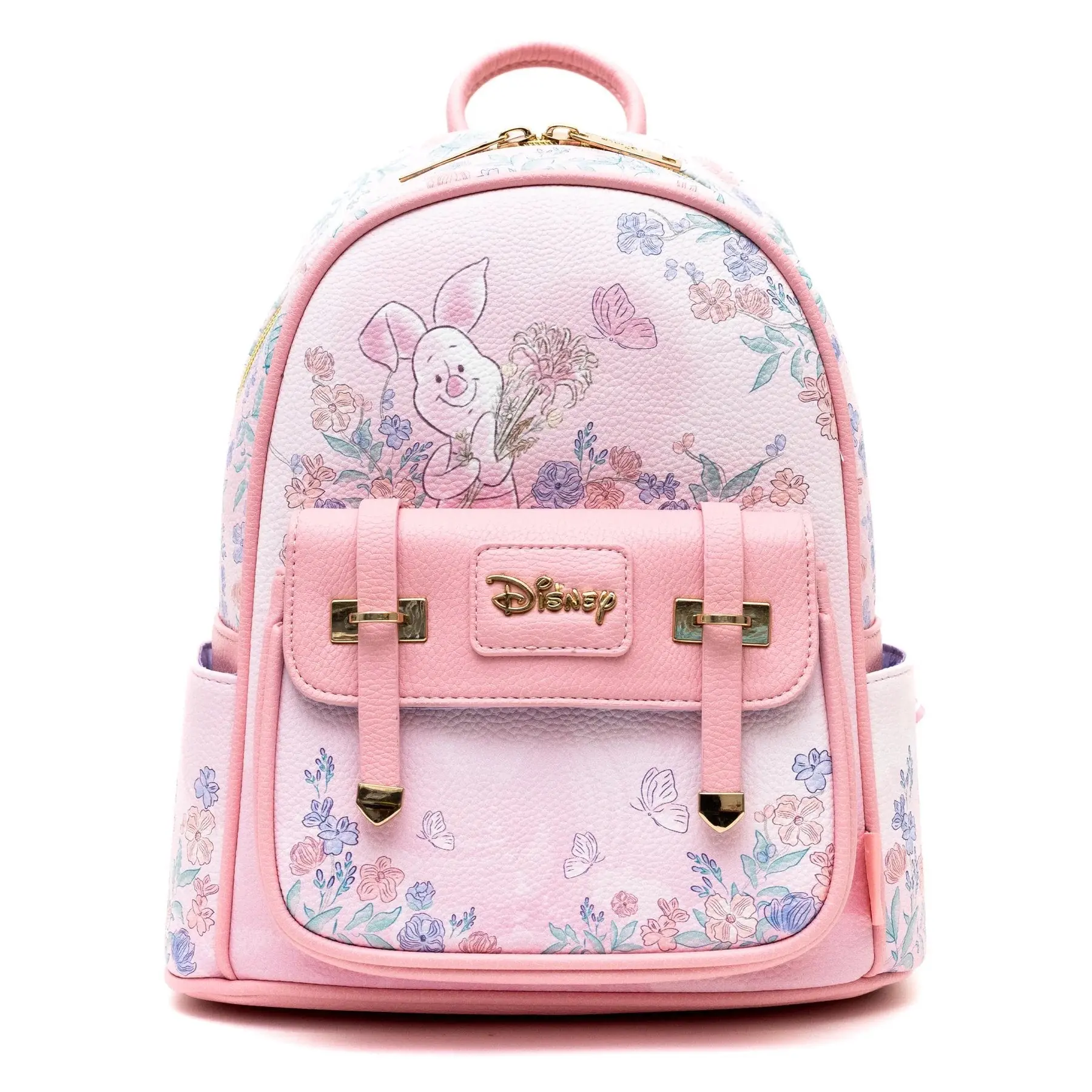 Piglet Character Art Small Floral Casual Daypack, Pebbled Faux Leather, Magnetic Closure, Double Zipper