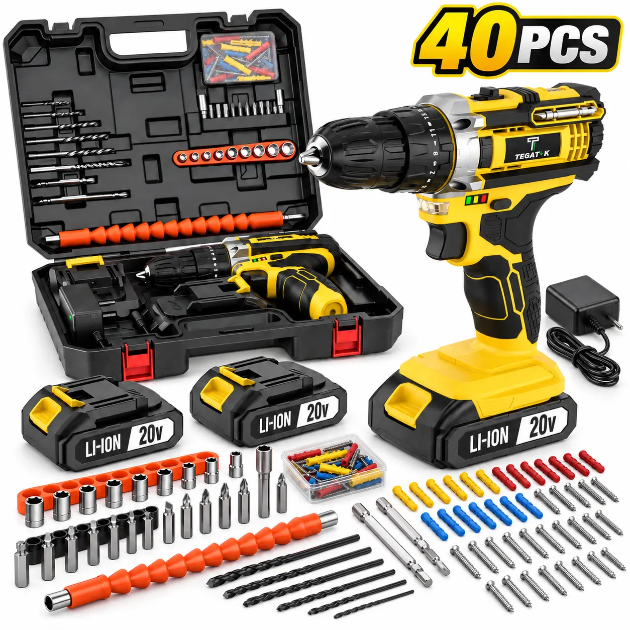20V Cordless Drill Household Tool Set, Rechargeable Lithium Drill Driver with Drill Bits, Screwdriver Bits, Sockets, Flexible Shaft, Screws & Wall Anchors, Compact Electric Drill Household Tool Kit for Home Repair, Furniture Assembly, Woodworking