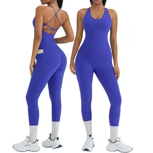 OMKAGI 2 Piece Workout Sets for Women Padded Workout Tops Booty Leggings with Pockets Gym Sets