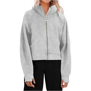Womens Zip Up Sweatshirts Fleece Lined Collar Crop Hoodie Casual Cotton Long Sleeve Tops with Thumb Hole