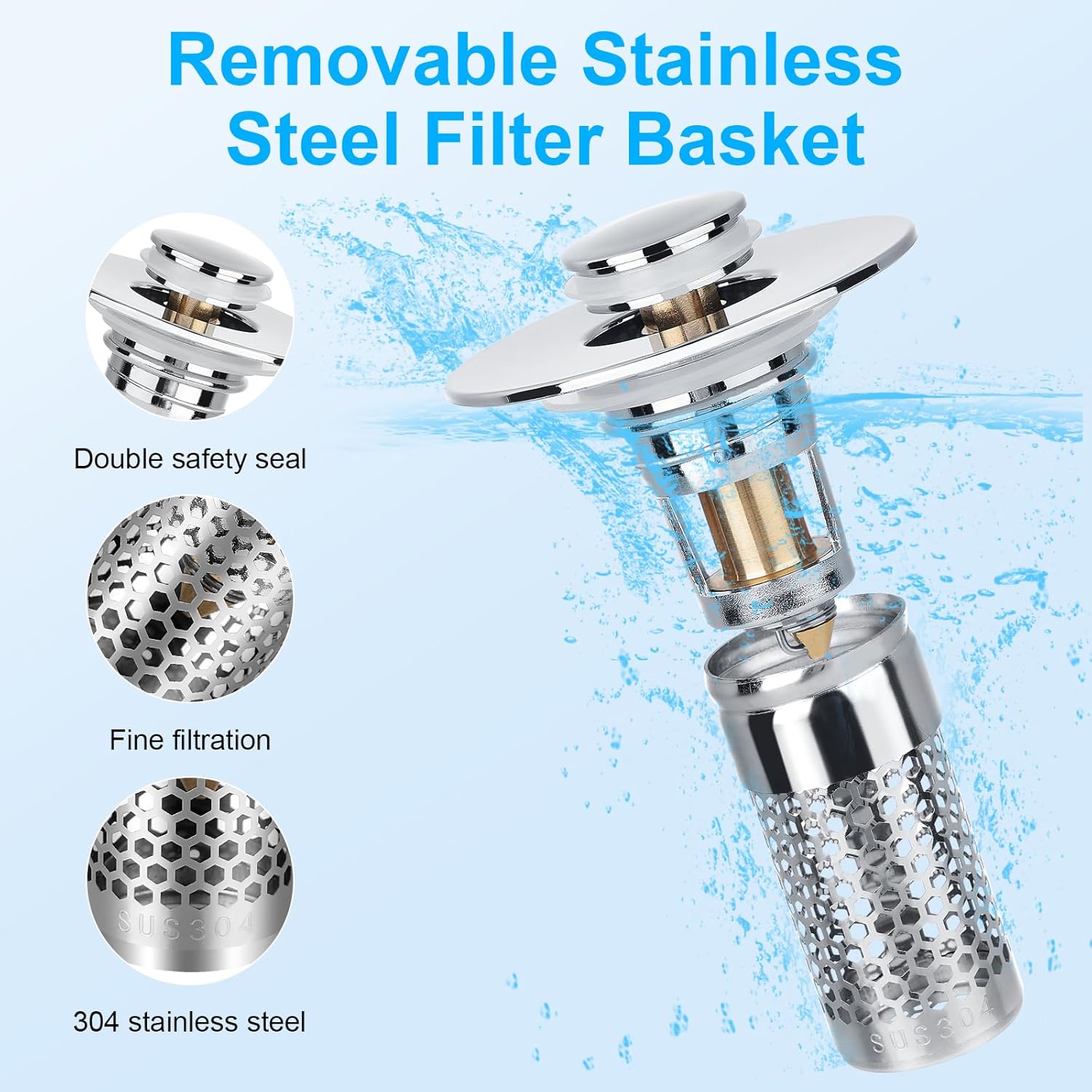 Upgrade Bathroom Sink Stopper 1.06"-1.50", Universal Bathroom Sink Drain Pop Up Stopper for US Bathroom Sink Stainless Steel Floor Drain Filter, U.S. Standard Universal Drain Filter