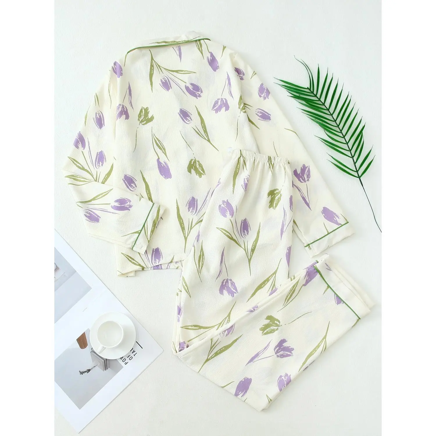 Youth Tulip Print Pajama Set - Soft & Cozy Polyester, Machine Washable, Long Sleeve Top & Pants with Stylish Lapel Collar - Ideal for Every Season