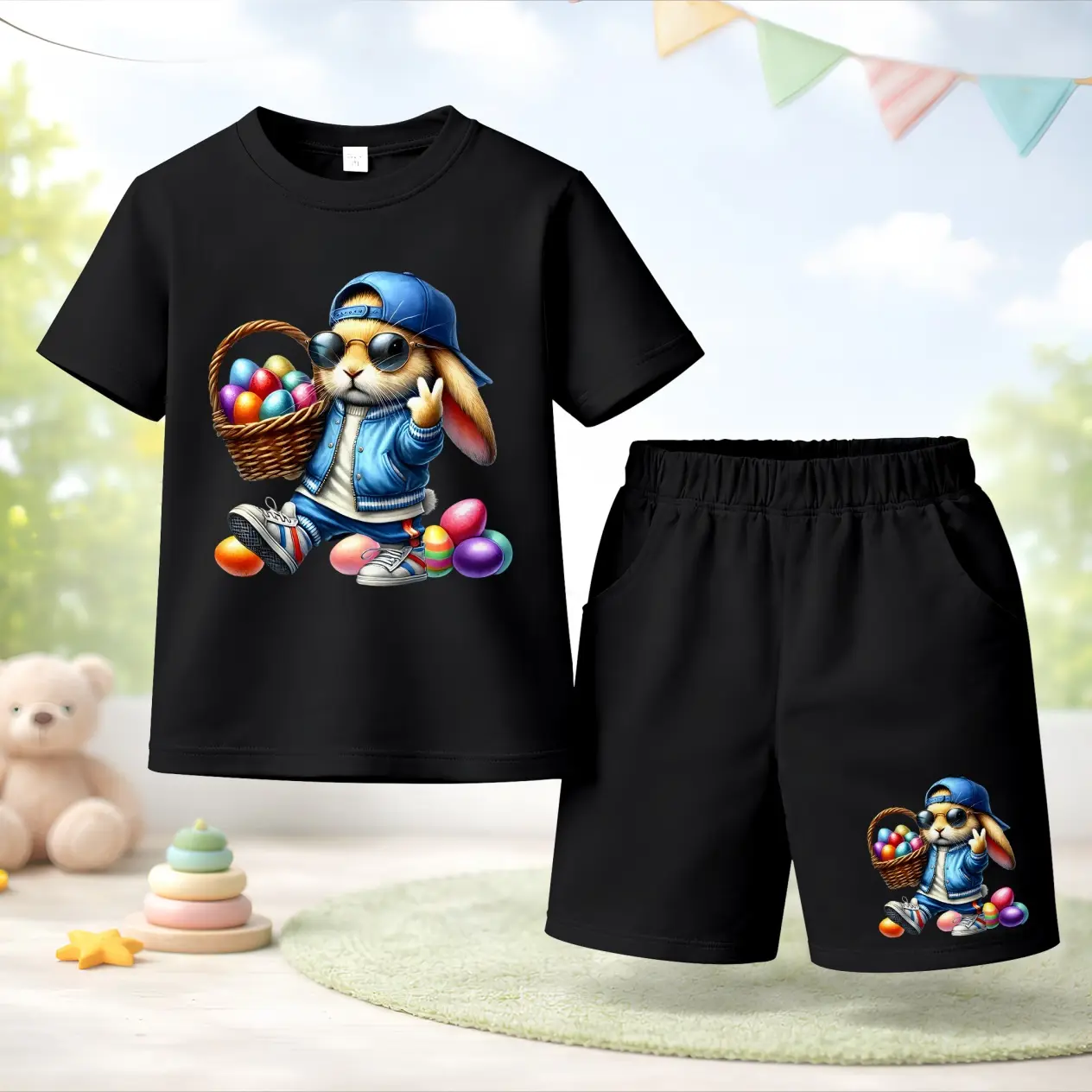Unisex Kids Easter Bunny Printed Design Short Sleeve T-Shirt and Shorts Set, Casual Kids Summer Outfit, Comfortable Crew Neck Clothing Set for Daily Wear and Outdoor Play