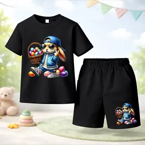 Unisex Kids Easter Bunny Printed Design Short Sleeve T-Shirt and Shorts Set, Casual Kids Summer Outfit, Comfortable Crew Neck Clothing Set for Daily Wear and Outdoor Play