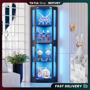 MIIFUNY 65" Corner Glass Display Cabinet with LED Lights, 4-Tier Showcase Display Case with Glass Doors & Human Body Sensor for Collectibles, Black