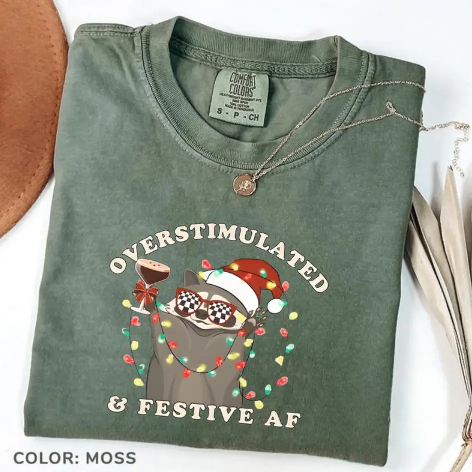 Comfort Colors Overstimulated & Festive AF Raccoon Christmas T-Shirt, Espresso Martini Tangled Lights, Funny Weirdcore Meme Gift Shirt, Xmas Gifts