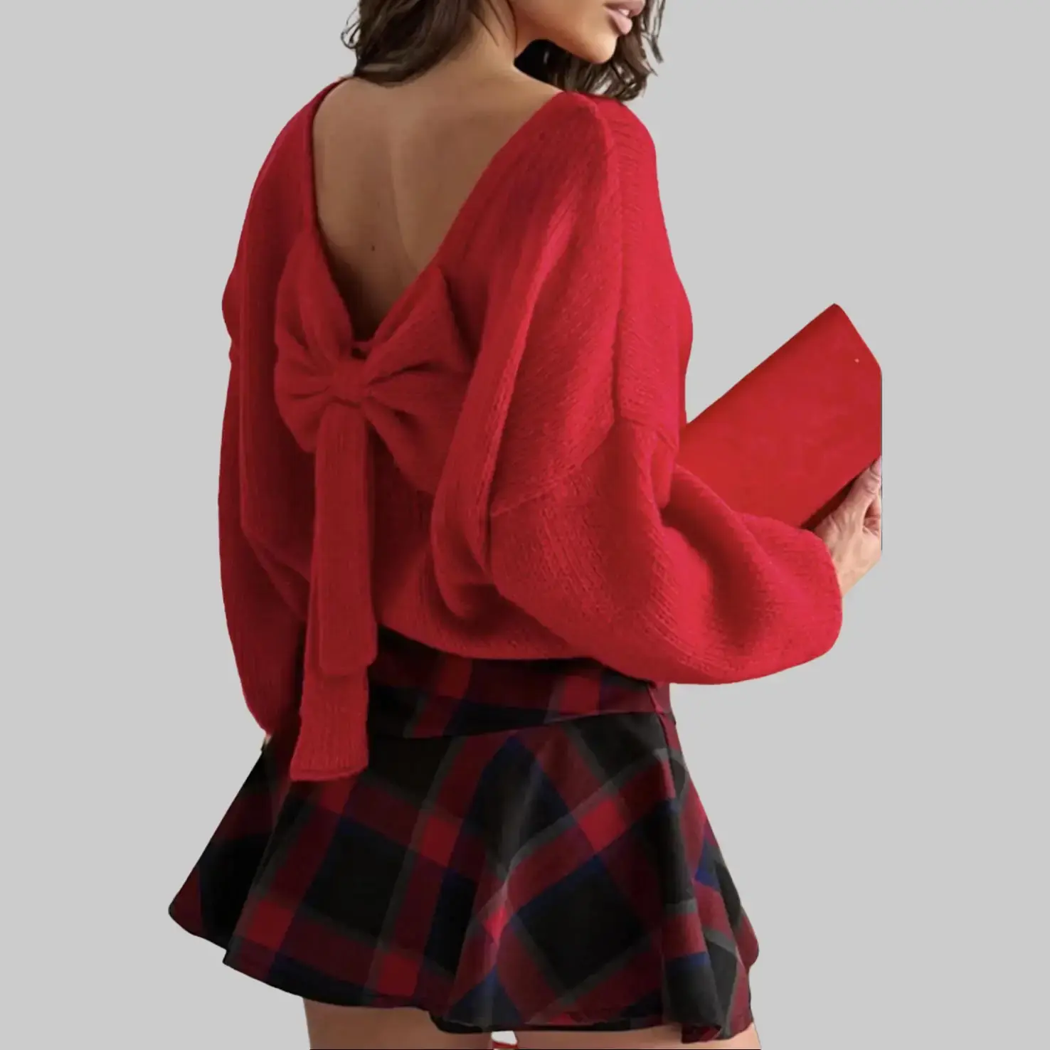 Sexy Cute Open Back Chic Red Solid Balloon Sleeve Sweater - Super Soft Material with 65%Acrylic+35%Polyamide, Hollow Out Backless, Festive Party Wear for 2025 Holiday Season, Bow, Christmas, Cold Wash, Elegant, Fashion, Machine Washable