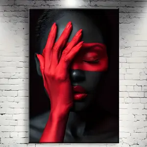 1 Piece Framed Canvas Painting - Modern African Woman with Red Hands, Bathroom, Bedroom, Office, Living Room, Home Decor Wall Art, Ready to Hang, Perfect Gift for Friends and Family, Office Artwork, Wrapped Frame Art Decorative Poster