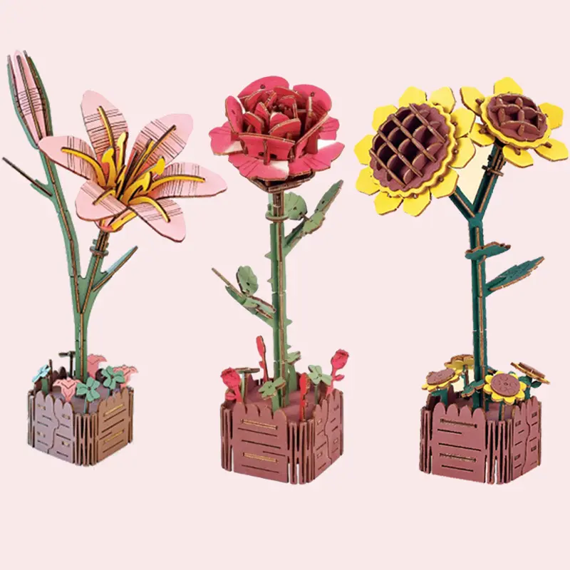 3D Diy Wooden Puzzle Flowers Bouquet Wooden Bloom Craft Model Kits Jigsaw Puzzles for Adults Eternal Flowers Romantic Gift for Her Women Mom Christmas/Birthday/Valentine's Day/Mother's Day