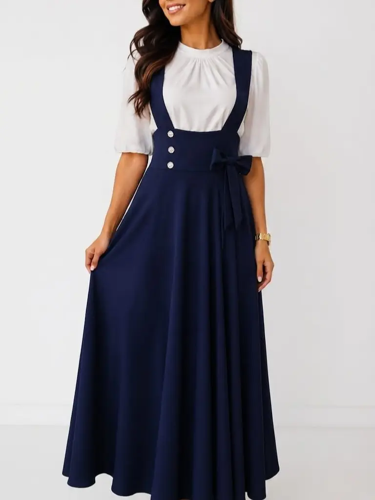 Elegant Navy Blue Maxi Dress with White Top and Button Detailing for Women