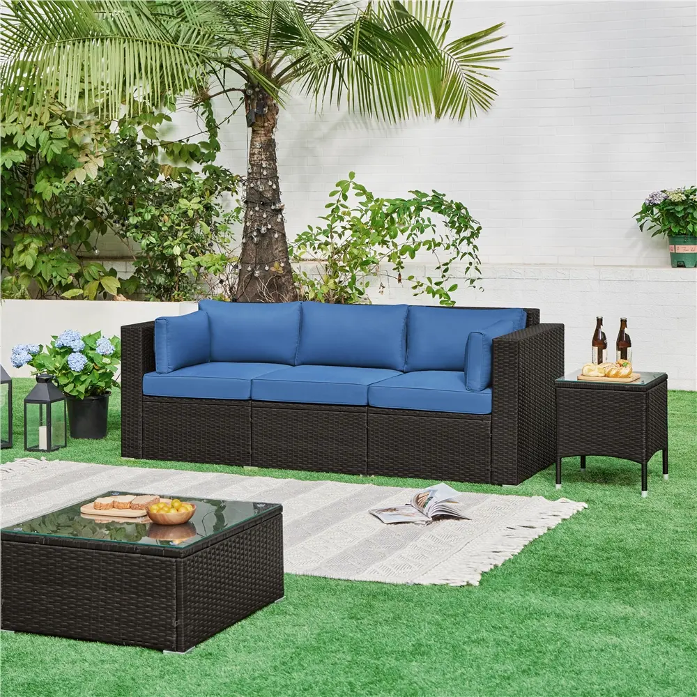 【2 Packages Delivery】Yaheetech 3-Seater Patio Wicker Sofa with Cushions, Outdoor Rattan Couch with Deep Seat & Protective Cover & Throw Pillows for Deck/Porch/Balcony/Yard, Brown/Dark Blue,