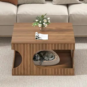 Giratree 31.5"W Square Coffee Table with Storage Mid-Century Modern Center Table Arched Cutouts Carved Lines 2-Tier Tea Table for Living Room Cat Friendly Base