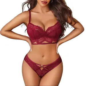 Avidlove Women's Lace Lingerie Set V-Neck Floral Bra & Panty 2-Piece Soft Polyester Spandex Strappy Adjustable Straps