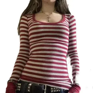 Women Grunge Striped Long Sleeve Tops Vintage Color Block Fairy Tee Shirts Y2k Graphic Aesthetic Harajuku Tops（gift）(Sheets)