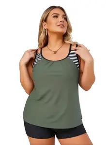 Women's Plus Size Army Green Stripe Tankini Swimsuits, 2-Piece Modest Tummy Control High-Stretch Quick-Dry Boy Short Swimsuits for Sports, Outdoor (XL-4XL)