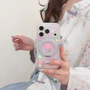 Transparent Floral Magnetic Phone Case with Rotating Stand Compatible with iPhone 15 16 17 Pro Max Phone Case Cute Aesthetic Flower Phone Case Small Fresh Style Magnetic Stand Cover