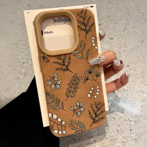 Luxury Matte Lambskin Faux Leather Phone Case for iPhone 15 Plus 16 Pro Max 14 13 12 11 XS XR Plant leaves Pattern Pocket-Friendly Shockproof Silicone Protective SoftCase