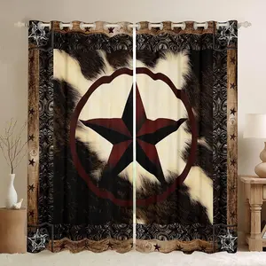 Feelyou Vintage Cow Home Decoration Curtain - Rustic Farmhouse Western Cowhide, Texas Star Household Textile Drapes for Living Room Window Treatments