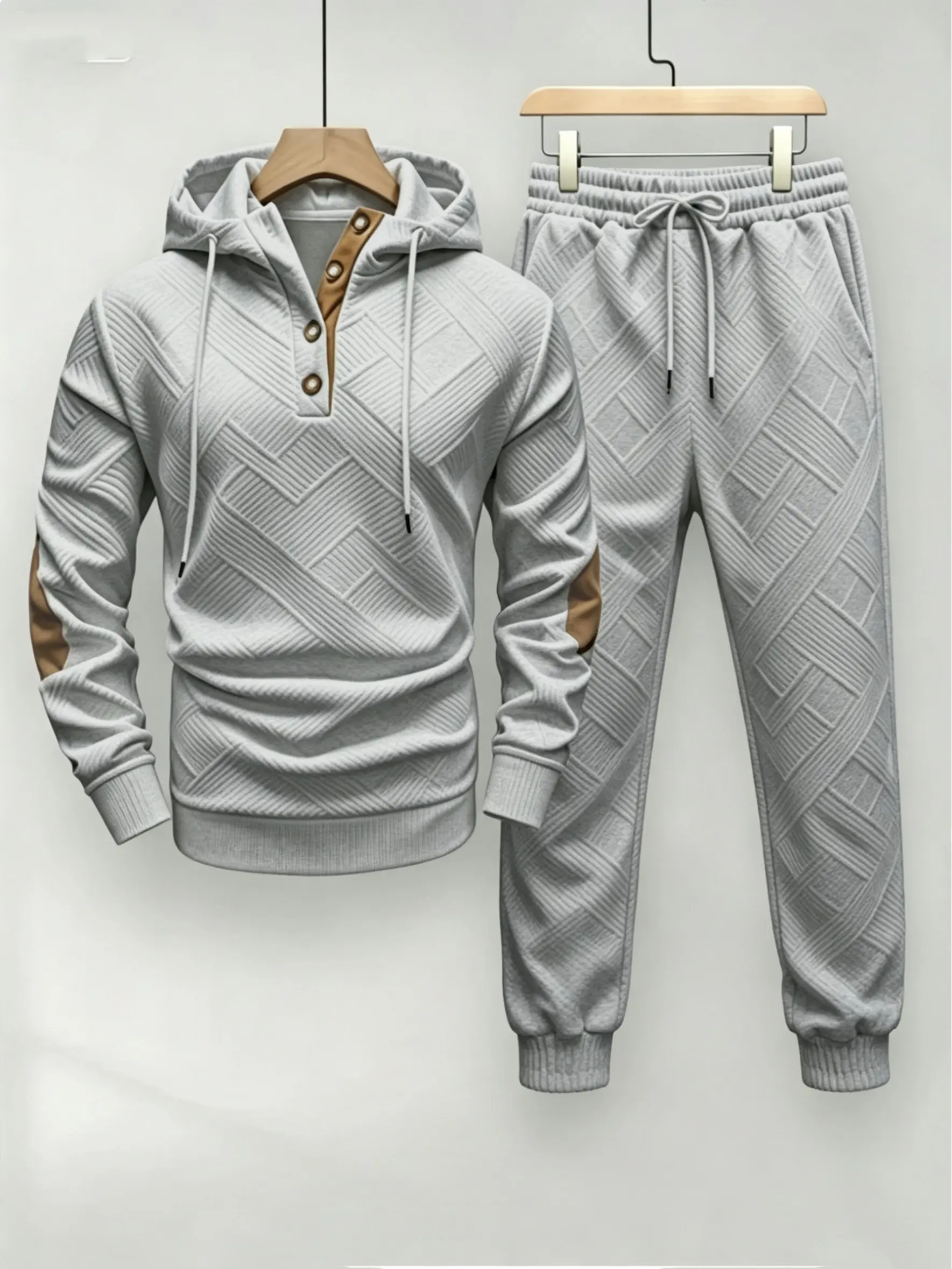 Men's 2-Piece Textured Knit Tracksuit Set - Hooded Pullover, Drawstring Trouser, Comfortable Casual Athletic Sportswear