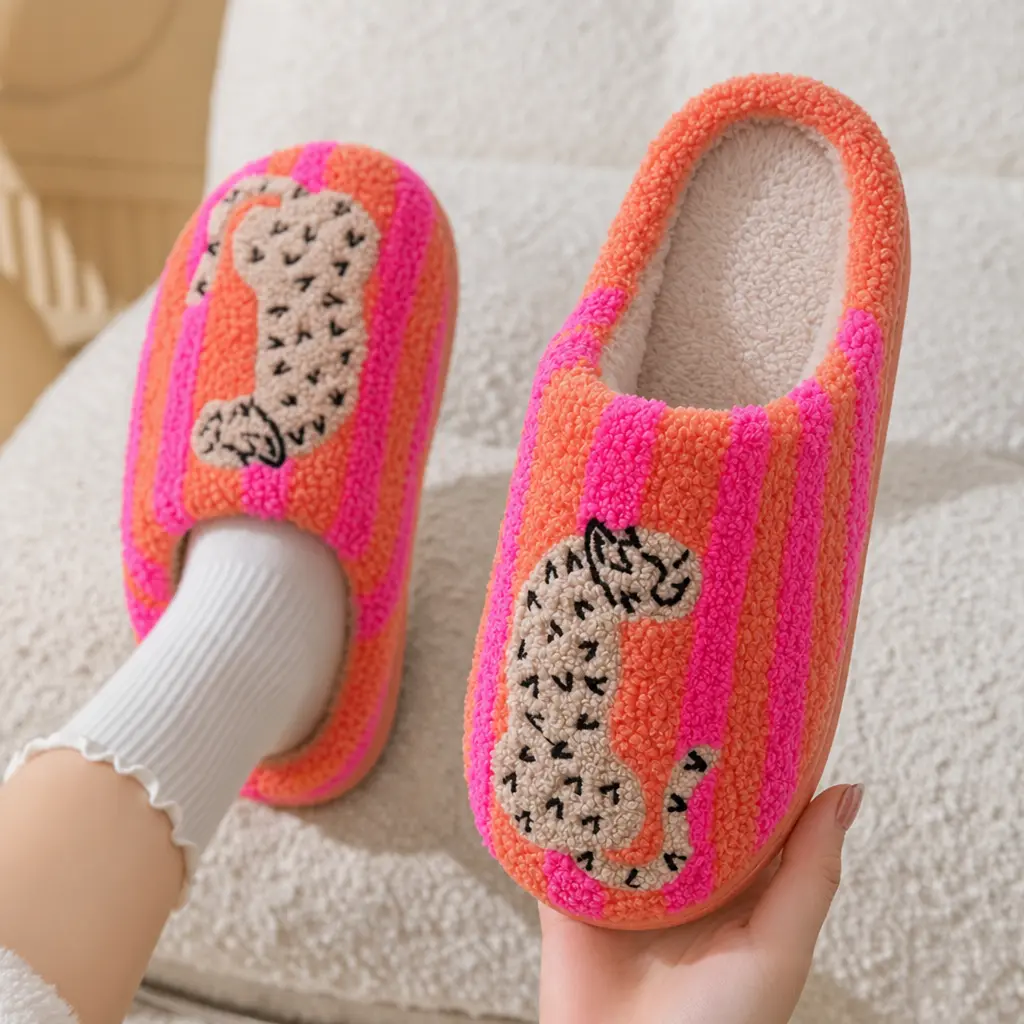 Retro Orange Pink Striped Leopard Embroidered Fuzzy Closed Toe Slippers Women, Super Soft Fluffy Lined Warm Winter House Slides, Anti Slip Quiet Sole Cozy Indoor Bedroom Plush Slipper, Fashion Aesthetic Cute Home Shoes Perfect Holiday Gift for Girls Ladie