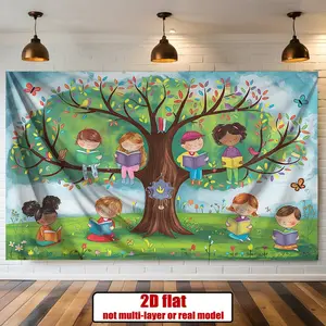 2D Flat - 2D Flat - A Flat 2D Banner, 1pc, Featuring a Backdrop for Teenagers Titled 'Under The Reading Tree'. This Polyester Decoration Measures 90.55X70.8 Inches And Is Suitable for Home,