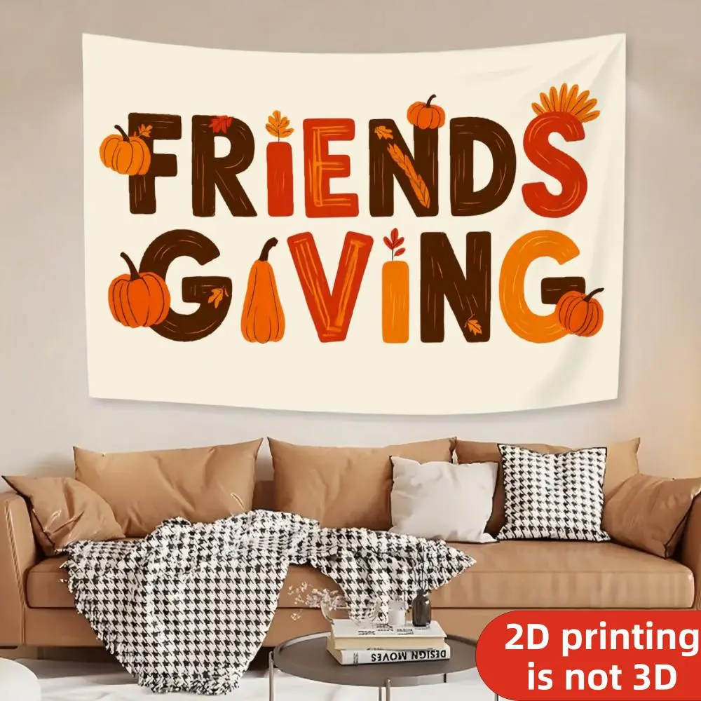 1pc Friendsgiving Themed Linen Print Tapestry Banner - Peach Mat Wall Decor, Artwork Print Tapestry Photo Backdrop for Thanksgiving Parties, Autumn Living Room Home Supplies with Free Installation Kit, Artwork Print Tapestries