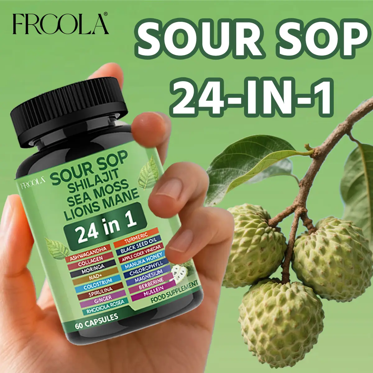 FRCOLA SOURSOP 24 IN 1 Supplements- Soursop, Shilajit, Sea Moss, Lion Mane All in One Diary supplement, Healthcare, Boost Immune, Vitamin