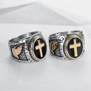 Stainless Steel Cross Ring for Men, Vintage Praying Hands & Cross Design, 3-Color Faith Jewelry, Durable Ring for Christian Men, Gift for Husbands & Boyfriends
