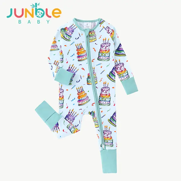 Junblebaby Natural Bamboo Long Sleeve Tight Basic Regular Baby Romper with Convertible Footies, 2-Way Zipper Birthday Cake Print Pajamas, First Birthday Party Sleepsuit, Bamboo Fiber