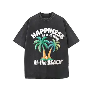 230g Washed Cotton T-Shirt, Happiness Is A D Day Beach-Themed T-Shirt With Bold White Text And Colorful Palm Trees, Casual Crew Neck Design - Summer Essential For Beach Lovers, Perfect Gift For Friends And Family