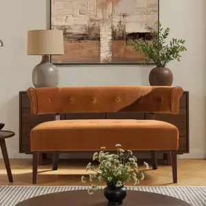 Jared Roll Arm Tufted Bench Settee, Burnt Orange Performance Velvet