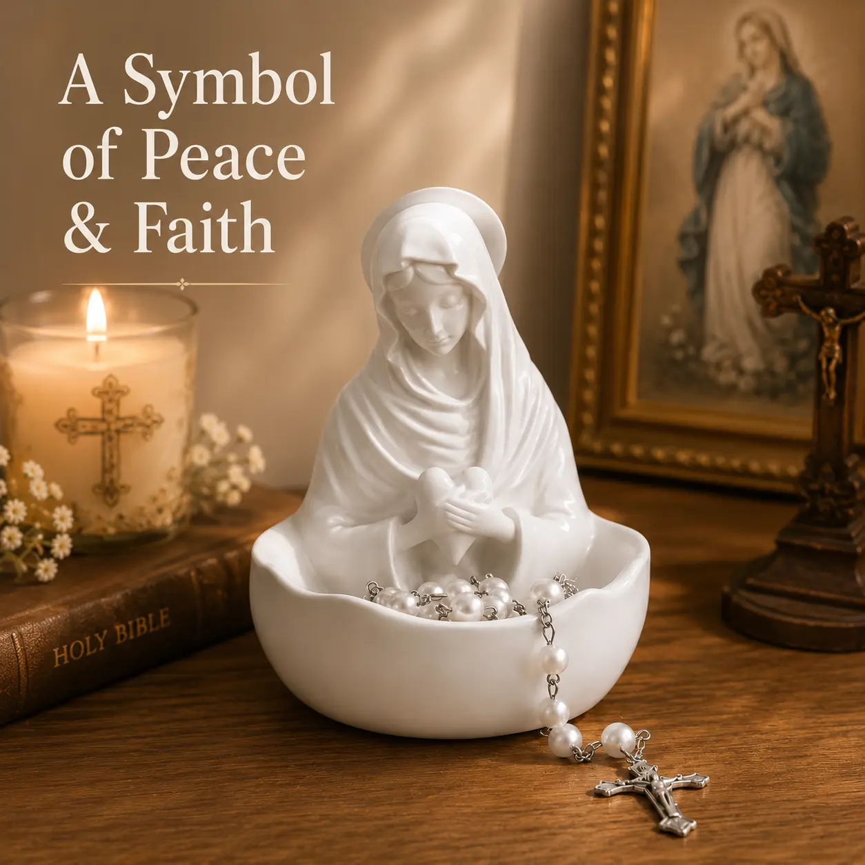 Resin statue of the Blessed Virgin Mary holding a rosary, Catholic religious decor figurine, rosary display stand, Christian prayer ornament, home altar decoration, baptism Christmas gift for women
