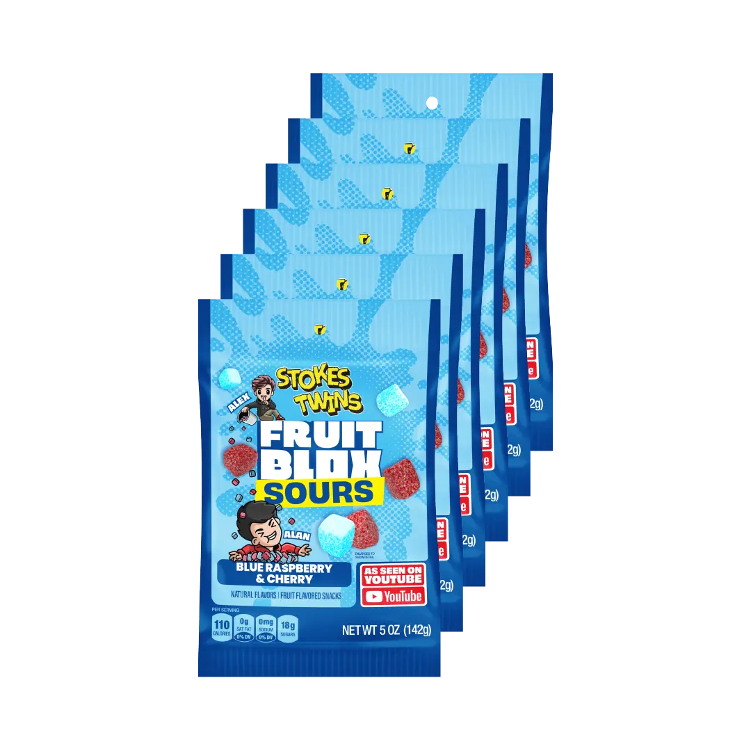 Stokes Twins FruitBlox Sours Blue Raspberry & Cherry 6 x 5oz Soft Chewy Gummies Real Fruit Juice Vegan Gluten Free Tangy Sweet Candy