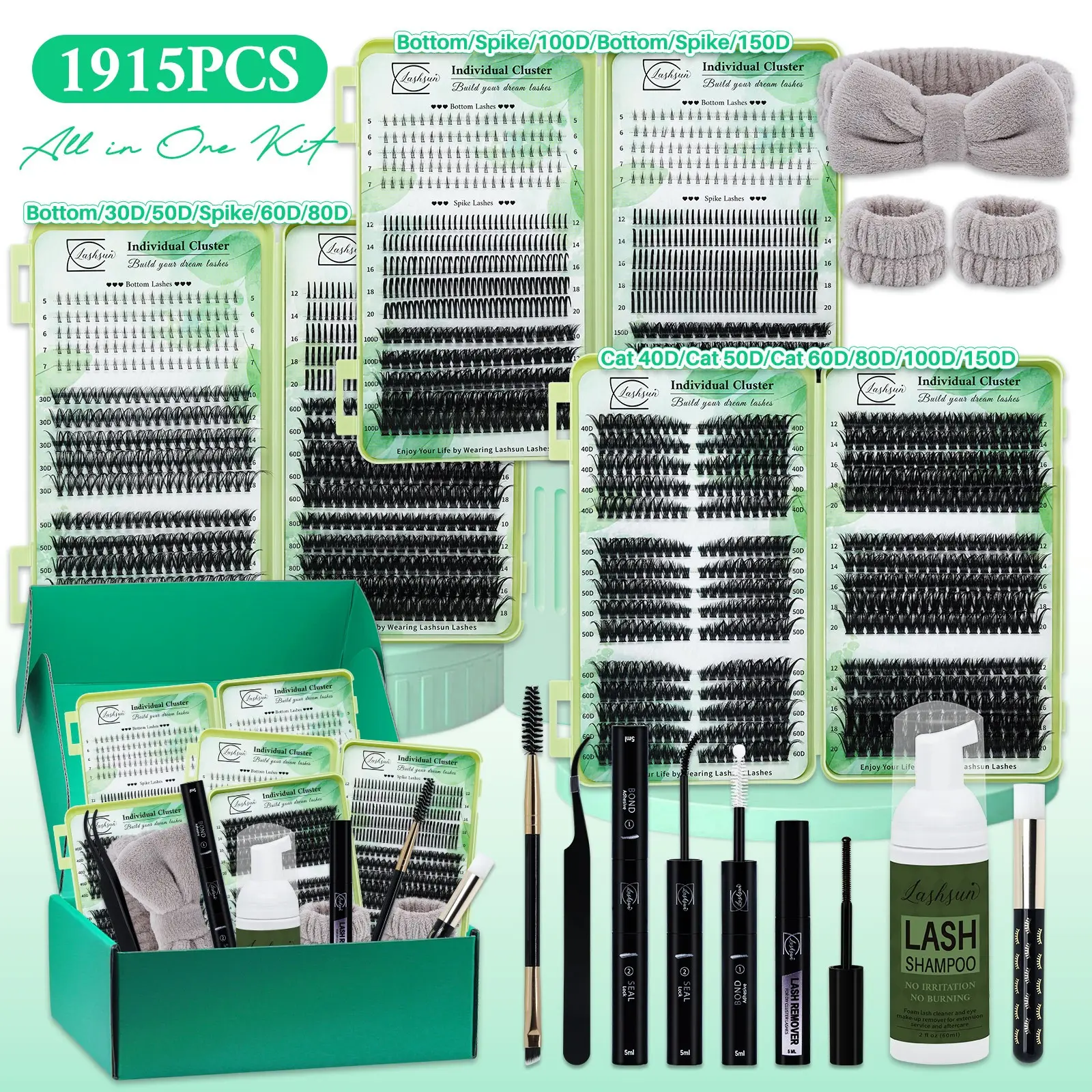 1915 Pcs Large Capacity Lash Set, D Curl 11 Styles Cat/Volume/Bottom Lashes Kit with Bond&Seal Remover Brush Tweezers Headband Wristband Lash Shampoo, For Beginners&Proficient, DIY at Home, Eyelash Extensions, Eyelash Cluster Extension