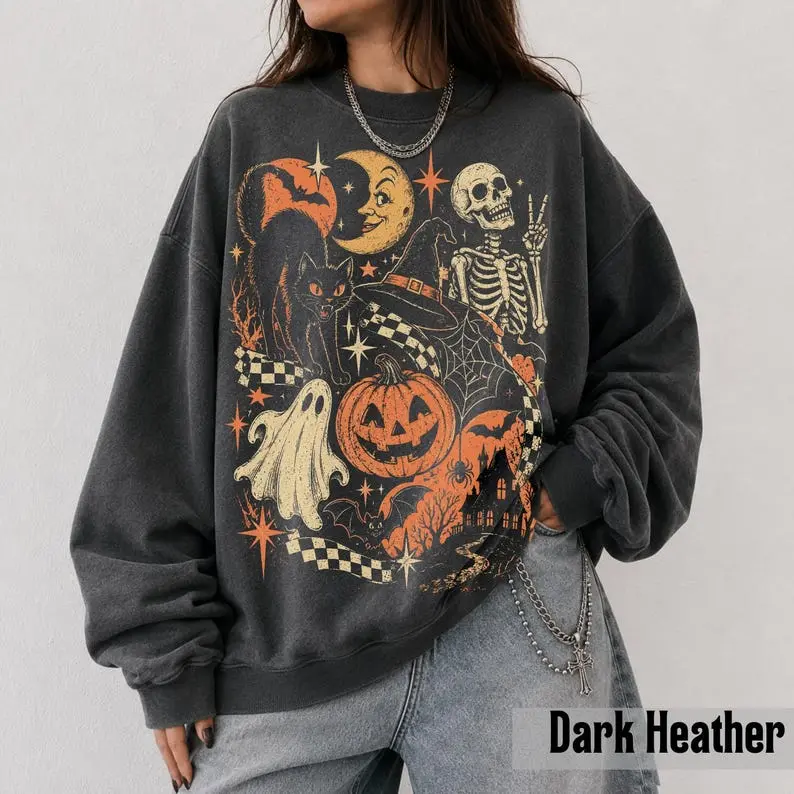 Retro Halloween Sweatshirt, Y2K Sweatshirt, Vintage Black Cat Ghost Skeleton Sweater, Spooky Cute Pumpkin Witch Graphic