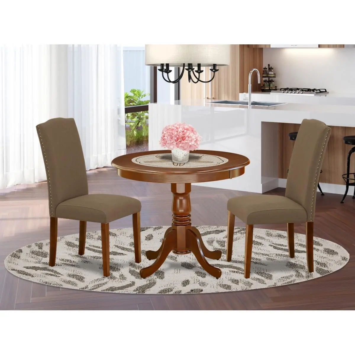 East West Furniture 3-Piece Kitchen Dining Set - 36 in. Round Asian Antique Wood Table with Soft Edges, Mahogany Legs, 2 Linen Fabric Parson Chairs, Dark Coffee Finish, 120 lbs Capacity, 40" H x 18" W x 23" L Chair, Kitchen Table Set, Round Table