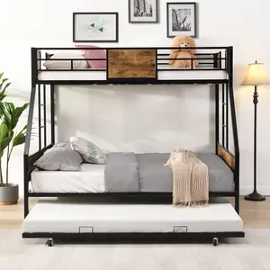 Twin Over Full Metal Bunk Bed with Trundle, Side Ladder & Full-Length Guardrail, No Box Spring Needed, Large Under Bed Storage, Easy Assembly, Black & Brown Finish, Kids Bedroom Furniture, Bedroom Furniture for Bedroom, Guest Room, Kids Room