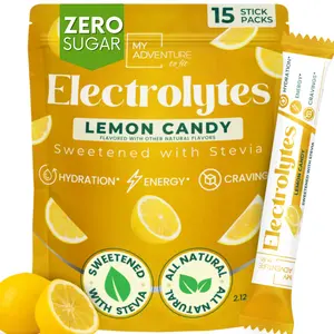 My Adventure to Fit Lemon Candy Electrolytes Powder Stick Pack - Zero Sugar - No Artificial Flavors, Colors or Sweeteners - 15 Sticks - 2-8X More Potassium - No Salty Taste - Refreshing Hydration - Caffeine Free Energy - Vegan, Keto & Paleo