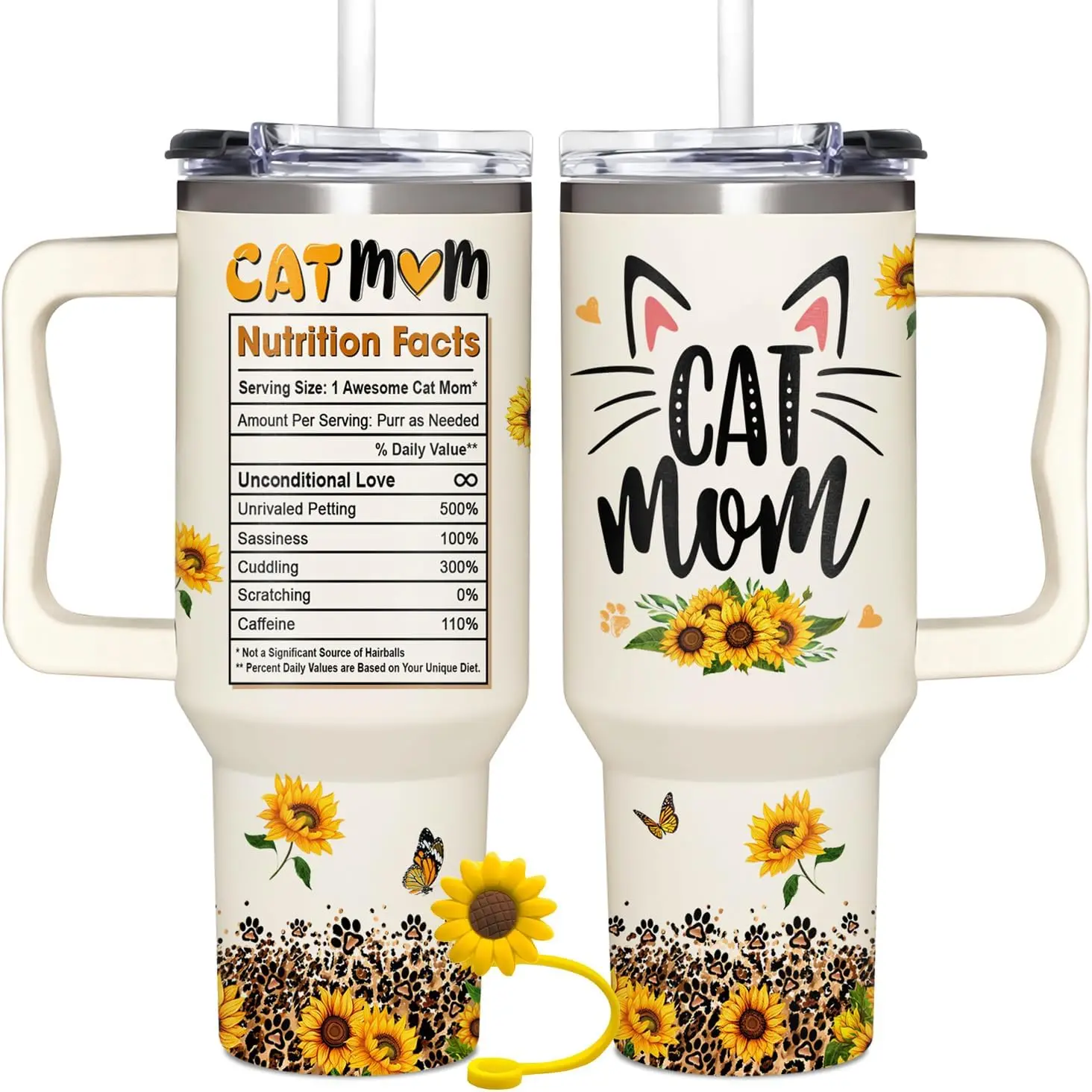 Sunflower Cat Mom Cup - 40oz Tumbler with Handle for Cat Lovers, Ladies, Best Friend - Birthday, Christmas, Mother's Day, Cat Mom Tumbler, Cat Tumblers for Women Drinkware Flasks