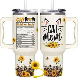 Sunflower Cat Mom Cup - 40oz Tumbler with Handle for Cat Lovers, Ladies, Best Friend - Birthday, Christmas, Mother's Day, Cat Mom Tumbler, Cat Tumblers for Women Drinkware Flasks