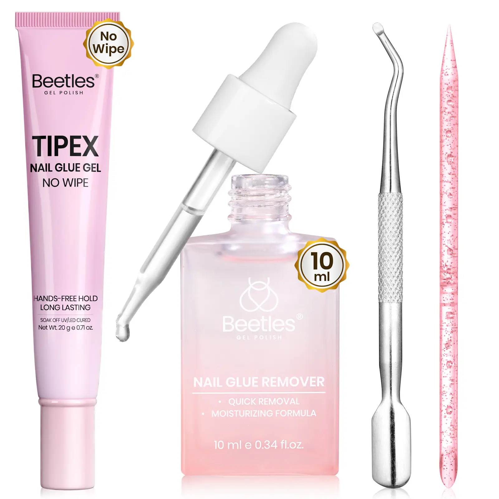 Beetles Nail Glue & Remover Kit - 20g No Wipe Hands-Free Nail Glue Gel for Tipex Soft Gel Nail Tips, Clear Press On Nails, Glass Dropper Nail Remover with Cuticle Pusher & Nail Stick DIY Home Manicure