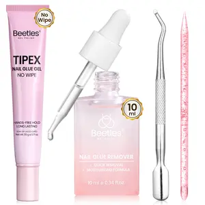 Beetles Nail Glue & Remover Kit - 20g No Wipe Hands-Free Nail Glue Gel for Tipex Soft Gel Nail Tips, Clear Press On Nails, Glass Dropper Nail Remover with Cuticle Pusher & Nail Stick DIY Home Manicure