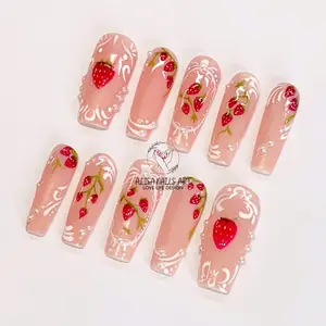 Handmade Strawberry Lover Press On Nails, Custom Fake Nails, Glue On Nails, Pink Nail Set, Glue On Nails, Summer Press On, Birthday Nails.
