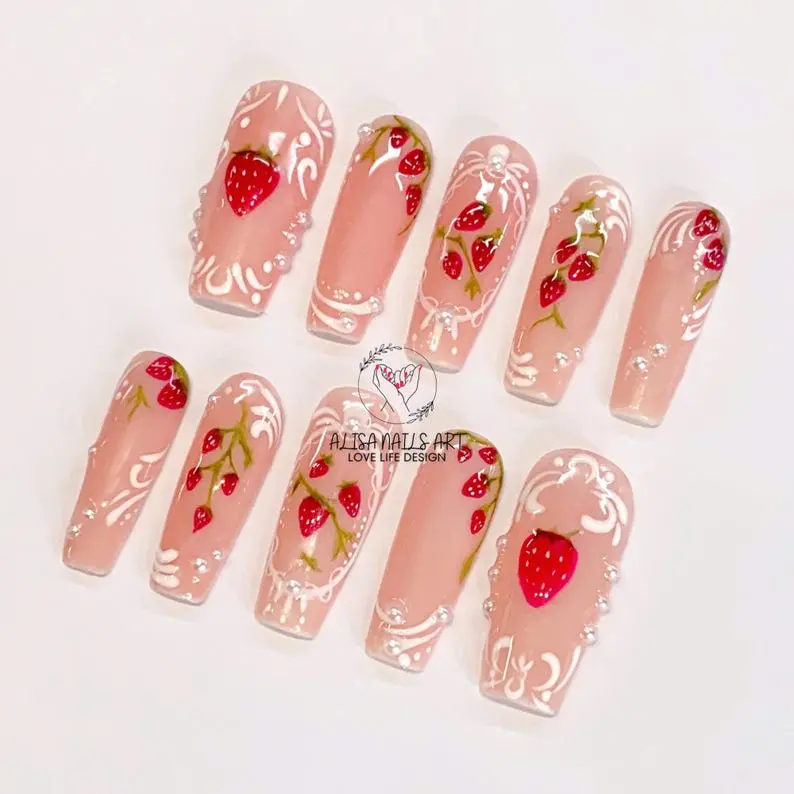 Handmade Strawberry Lover Press On Nails, Custom Fake Nails, Glue On Nails, Pink Nail Set, Glue On Nails, Summer Press On, Birthday Nails.