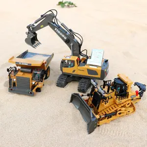 【Perfect gift】Akeleo Excavator RC Construction Truck 2.4G High Tech 11 Channels Remote Control Bulldozer Alloy Plastic Engineering Vehicle Electronic Toys with Lights Sounds & Realistic Tracks